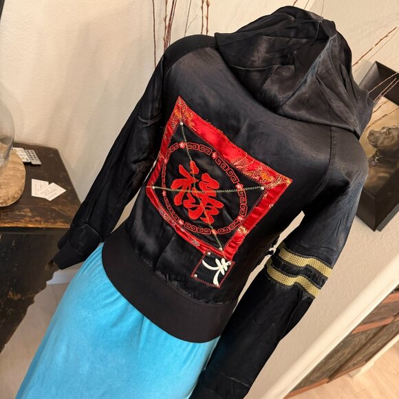 Riley Black Satin HOODED JACKET w/ Embroidery over patches / 3 front pockets - Picture 1 of 7